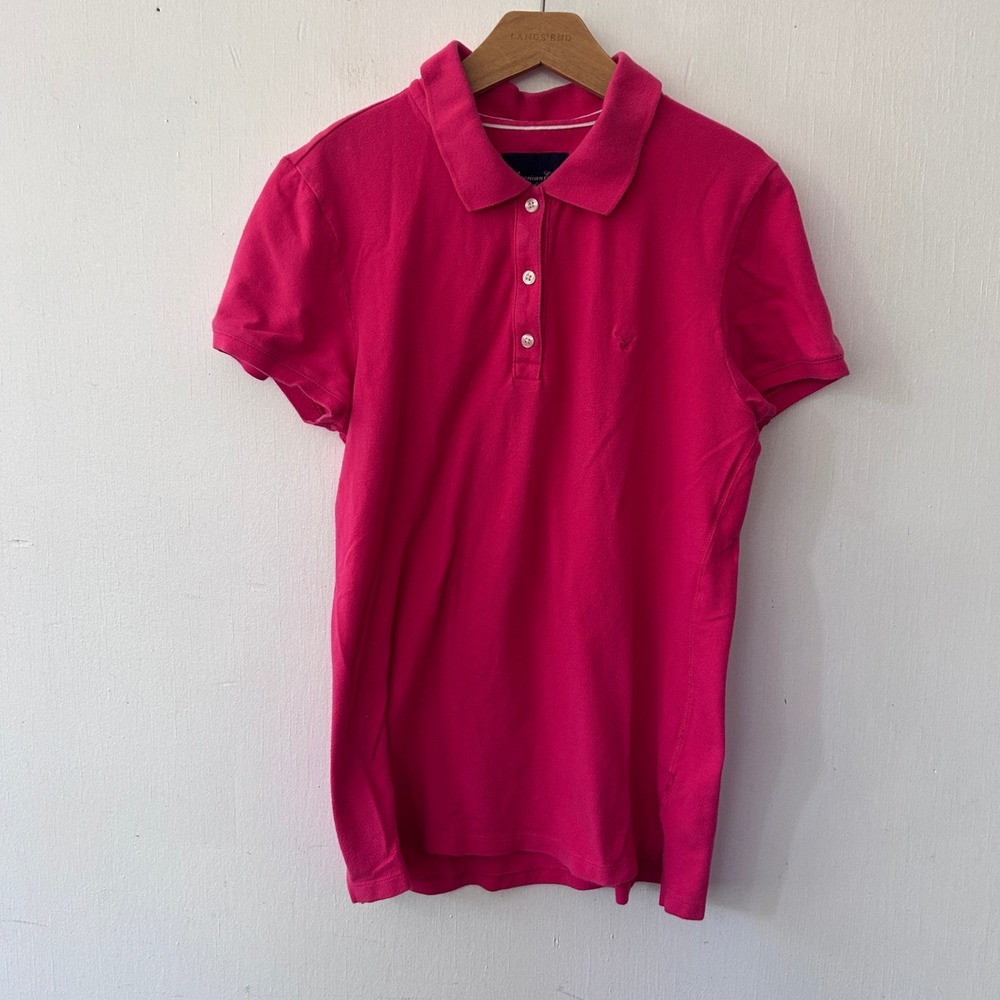 American Eagle Y2K Polo Shirt Women Large Pink Short Sleeve Preppy Basic 2010s